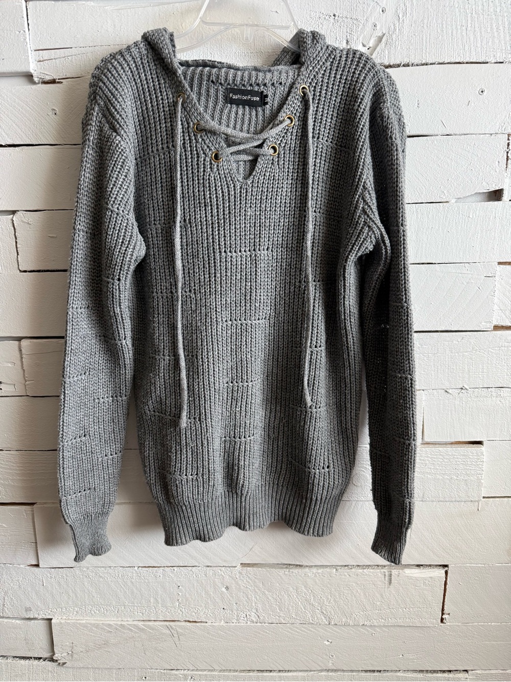 FashionFave Gray Lace-Up V-Neck Knit Sweater Hoodie